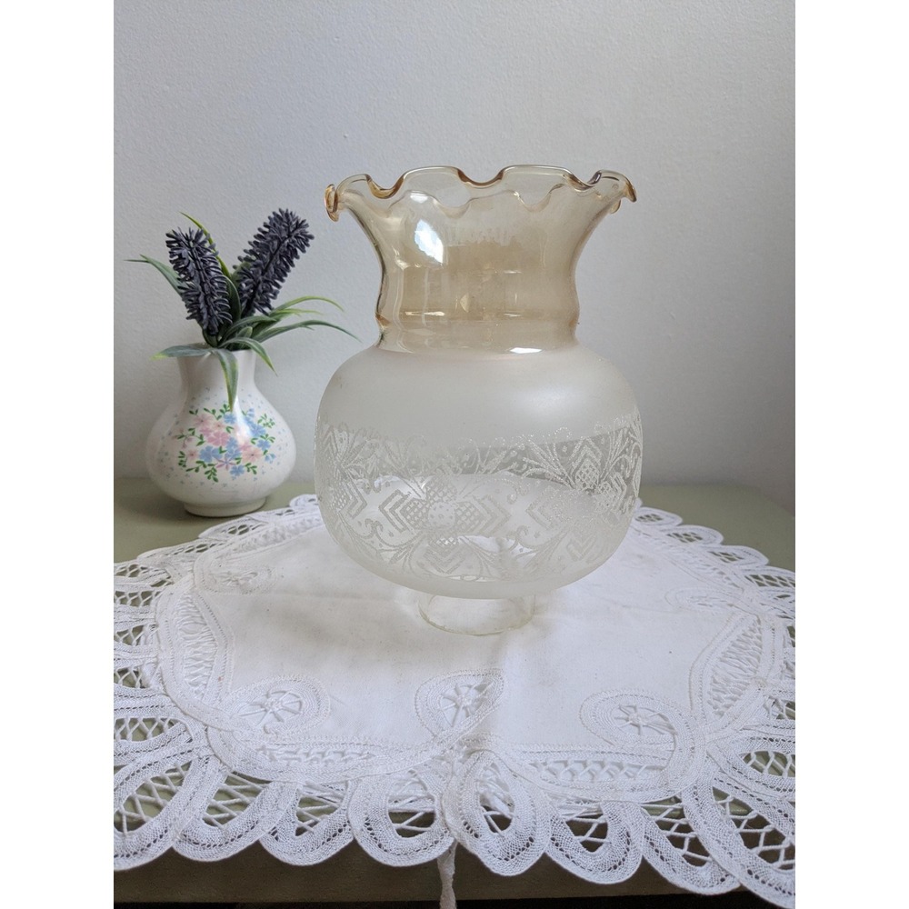 Vintage Frosted Glass Lamp Shade Replacement, Etched Floral Globe, Amber Ruffled